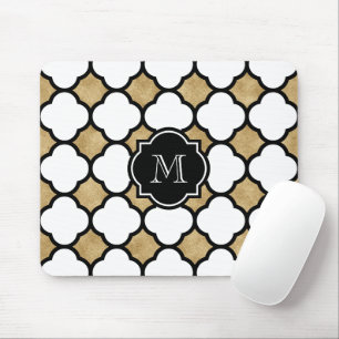 Geometric Gold Black White Quatrefoil Monogram Mouse Mat