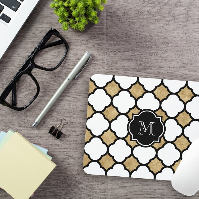 Geometric Gold Black White Quatrefoil Monogram Mouse Mat (Creator Uploaded)