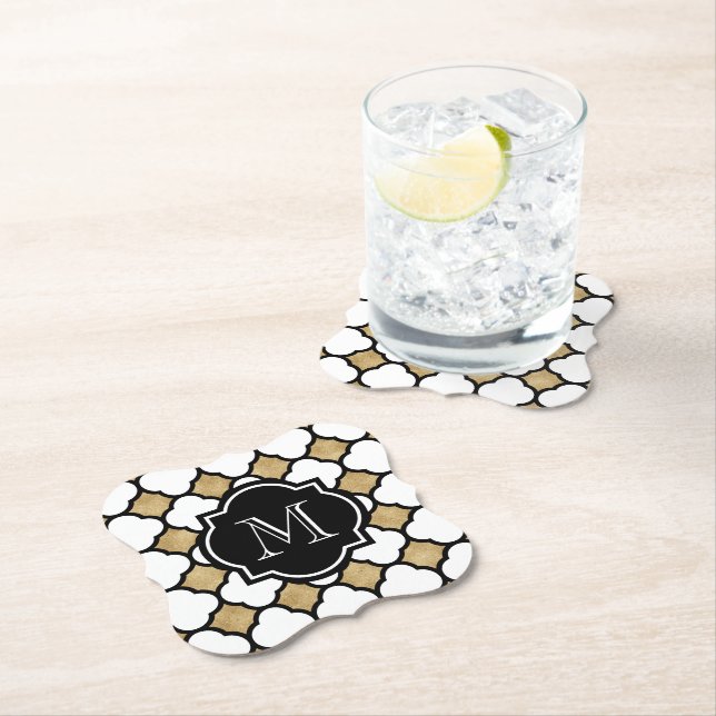 Geometric Gold Black White Quatrefoil Monogram Paper Coaster (Insitu)