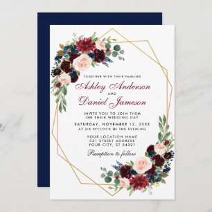 Geometric Gold Blue Burgundy Floral Wedding B Invitation