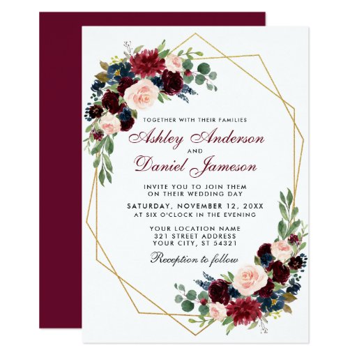 Image of Geometric Gold Blue Burgundy Floral Wedding BR Invitation