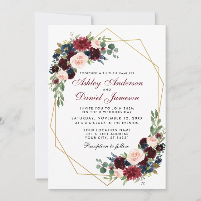 Geometric Gold Blue Burgundy Floral Wedding Invitation (Front)