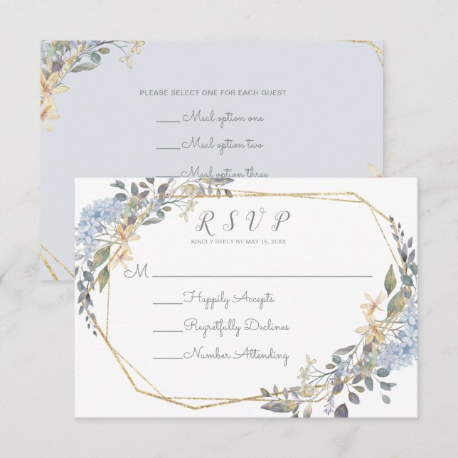 Geometric Gold Blue Florals Food Allergies RSVP Invitation (Front/Back)