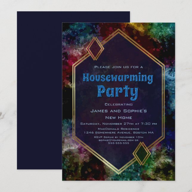 Geometric Gold Blue Glitter Housewarming Party Invitation (Front/Back)