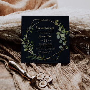 Geometric Gold Blue Green Eucalyptus Quinceañera  Invitation