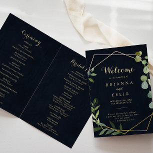 Geometric Gold Blue Green Folded Wedding  Programme