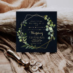 Geometric Gold Blue Green Front & Back Wedding Invitation<br><div class="desc">This geometric gold blue green front and back wedding invitation is perfect for a modern wedding. The design features hand-painted beautiful green leaves in a dark blue background, adorning a gold geometric frame. Save paper by including more details on the back of the invitation instead of on a separate enclosure...</div>