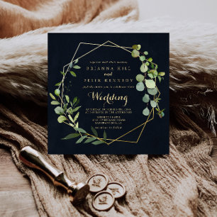 Geometric Gold Blue Green Front & Back Wedding Invitation
