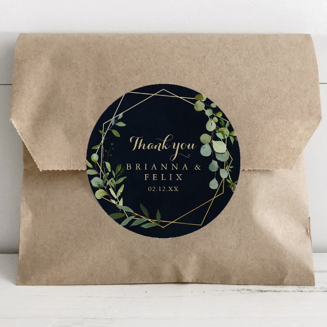 Geometric Gold Blue Green Thank You Wedding Favour Classic Round Sticker (Creator Uploaded)