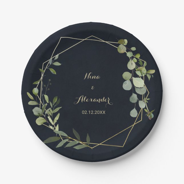 Geometric Gold Blue Green Wedding Paper Plate (Front)