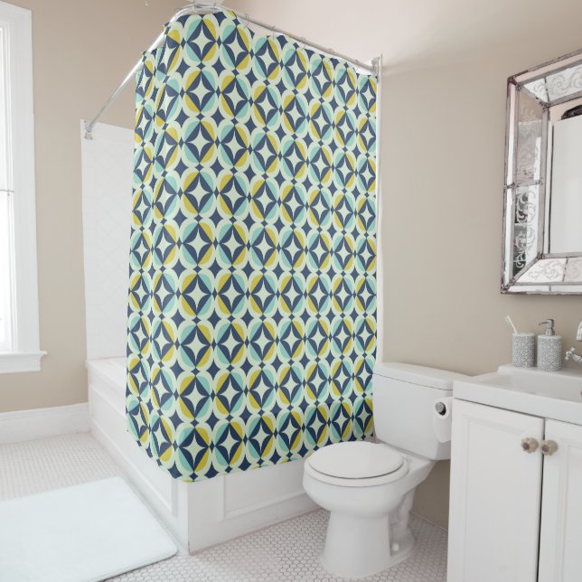 Geometric Gold & Blue Pattern Shower Curtain (In Situ)