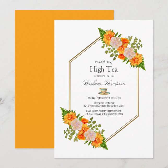 Geometric Gold Blush Orange Floral Bridal High Tea Invitation (Front/Back)