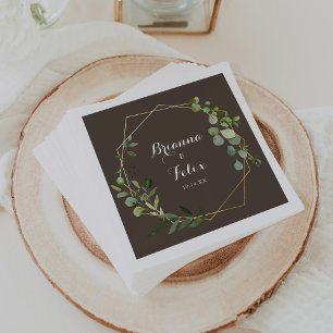 Geometric Gold Brown Green Eucalyptus Wedding  Napkin