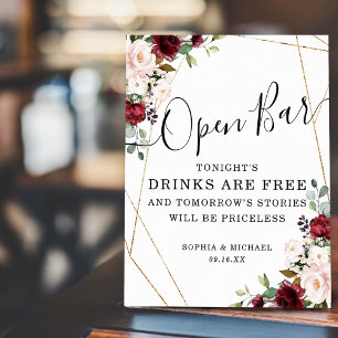 Geometric Gold Burgundy Blush Floral Open Bar Sign