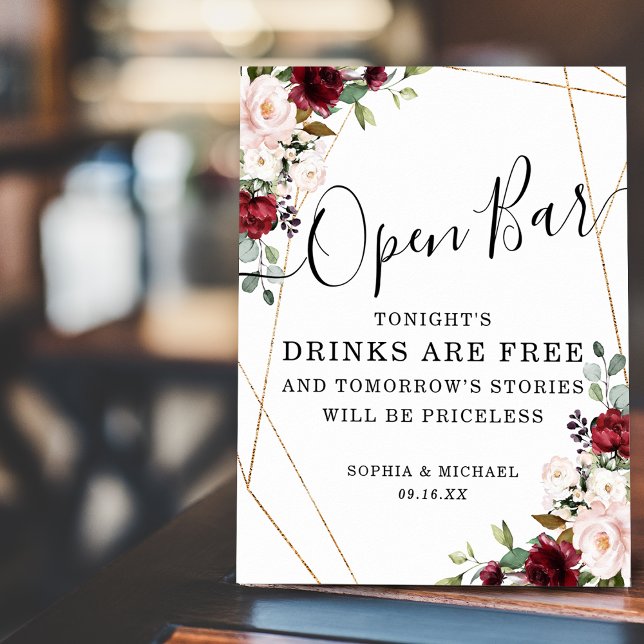 Geometric Gold Burgundy Blush Floral Open Bar Sign (Creator Uploaded)