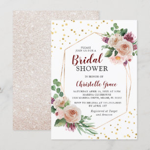 Geometric Gold Burgundy Boho Flowers Bridal Shower Invitation