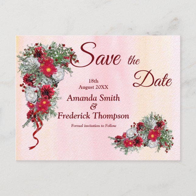 Geometric Gold Burgundy Flowers Save the Date Announcement Postcard (Front)