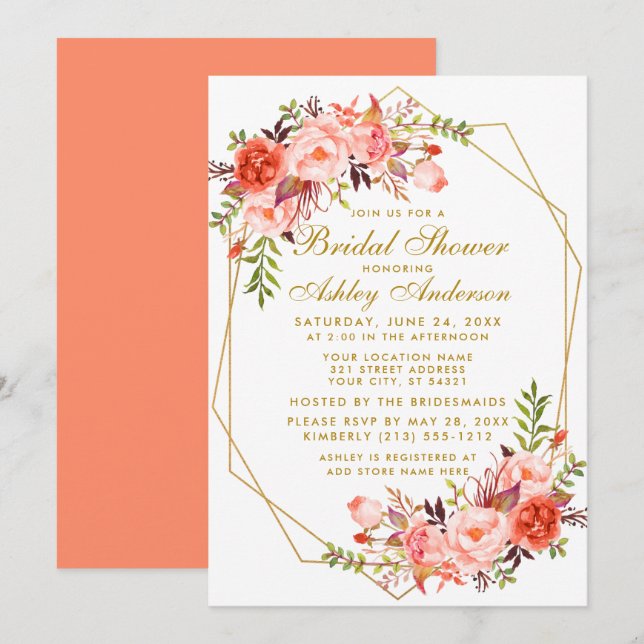 Geometric Gold Coral Floral Bridal Shower Invitation (Front/Back)