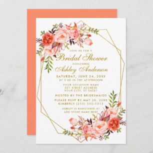 Geometric Gold Coral Floral Bridal Shower Invitation