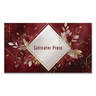 Geometric Gold Diamond Frame Burgundy Floral Magnetic Business Card