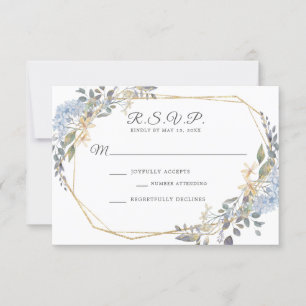 Geometric Gold Dusty Blue Floral Wedding RSVP Card