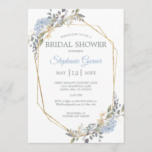 Geometric Gold Dusty Blue Florals Bridal Shower Invitation