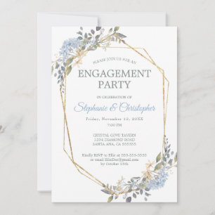 Geometric Gold Dusty Blue Florals Engagement Party Invitation