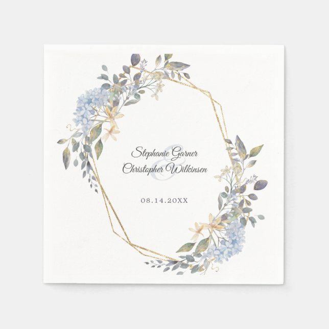 Geometric Gold Dusty Blue Florals Wedding Napkin (Front)