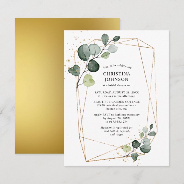 Geometric Gold Eucalyptus Bridal Shower Small Invitation (Front/Back)