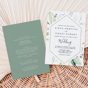 Geometric Gold Eucalyptus Front & Back Wedding Invitation