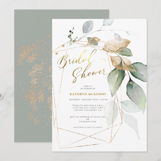 Geometric Gold Eucalyptus Greenery Bridal Shower I Invitation (Front/Back)