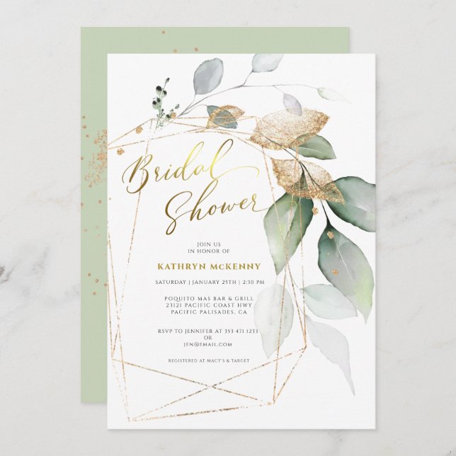 Geometric Gold Eucalyptus Greenery Bridal Shower I Invitation (Front/Back)