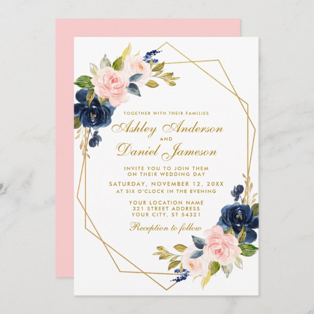 Geometric Gold Floral Blue Pink Blush Wedding Invitation (Front/Back)
