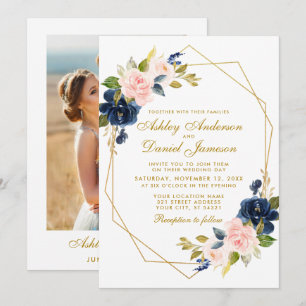 Geometric Gold Floral Blue Pink Photo Wedding Invitation