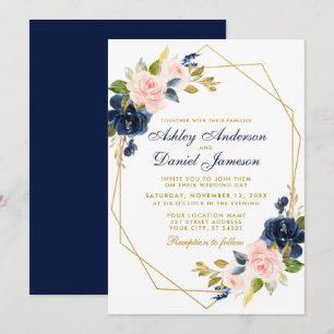 Geometric Gold Floral Pink Blush Blue Wedding Invitation