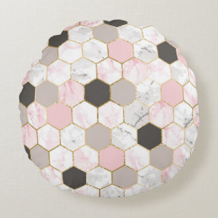 Geometric gold foil, marble hexagon pattern. round cushion