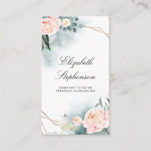 Geometric Gold Frame and Pink Peonies Greenery Business Card