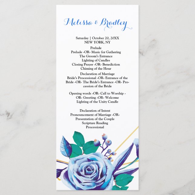 Geometric Gold Frame blue flora  ceremony Program Programme (Front)