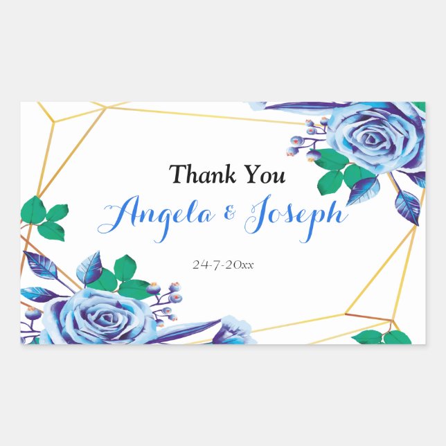 Geometric Gold Frame blue Floral round sticker (Front)