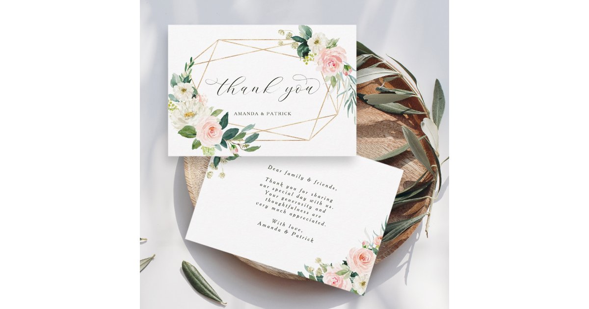 Geometric Gold Frame Blush Pink Floral Thank You Card | Zazzle