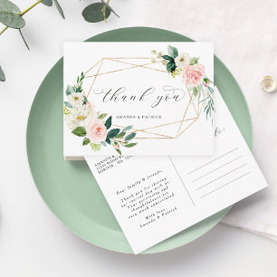 Geometric Gold Frame Blush Pink Floral Thank You Postcard