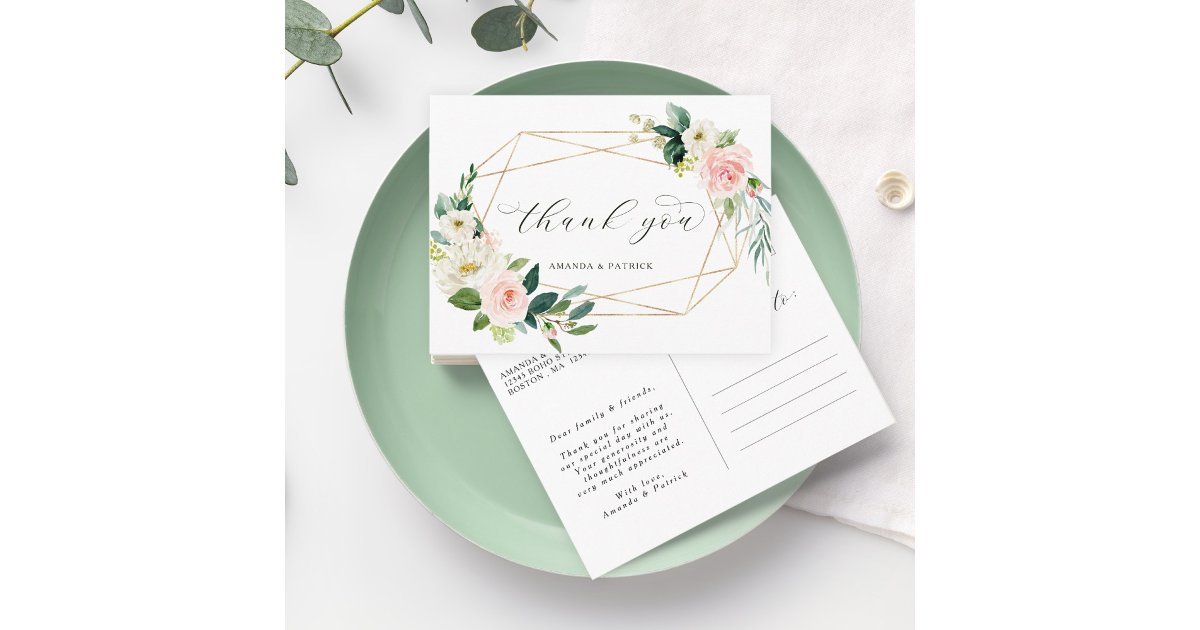 Geometric Gold Frame Blush Pink Floral Thank You Postcard | Zazzle