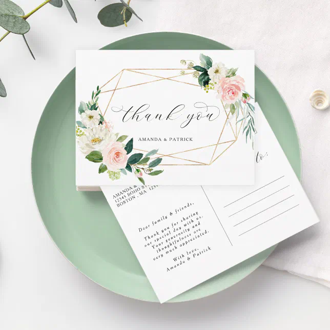 Geometric Gold Frame Blush Pink Floral Thank You Postcard | Zazzle
