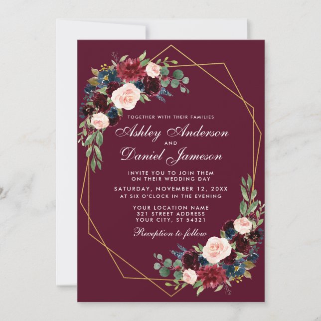 Geometric Gold Frame Burgundy Blue Floral Wedding Invitation (Front)