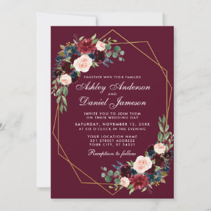 Geometric Gold Frame Burgundy Blue Floral Wedding Invitation