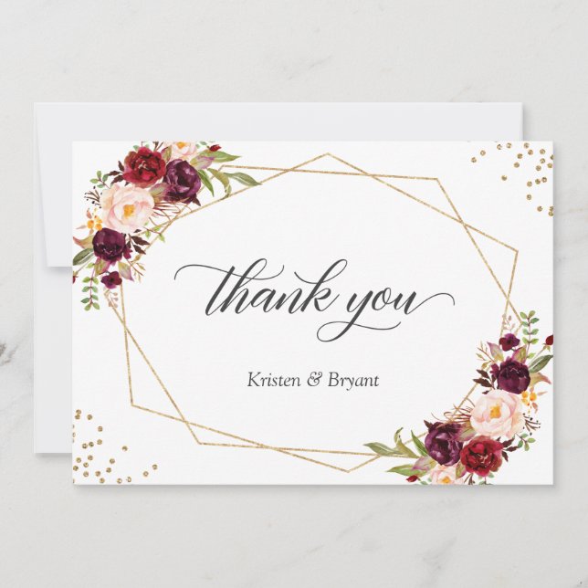 Geometric Gold Frame Burgundy Red Floral Wedding Thank You Card (Front)