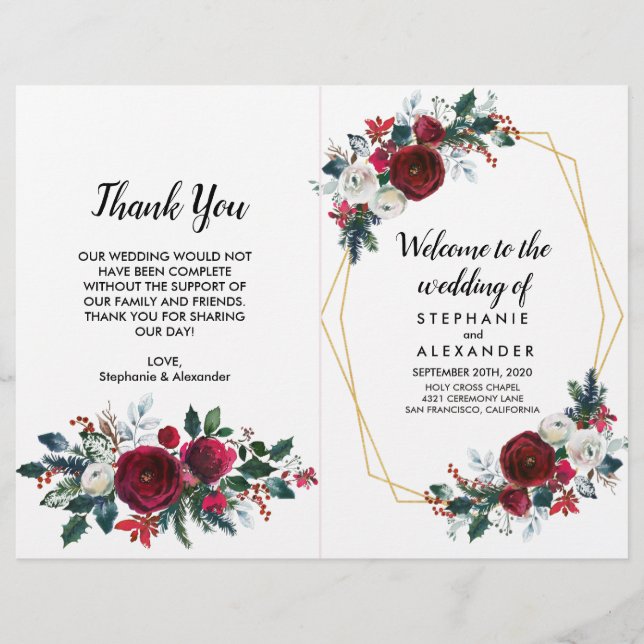 Geometric Gold Frame Burgundy Winter Flowers (Front)