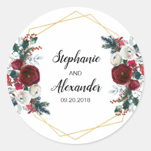 Geometric Gold Frame Burgundy Winter Flowers Classic Round Sticker