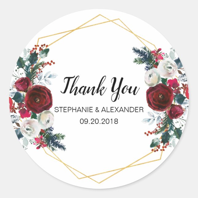 Geometric Gold Frame Burgundy Winter Flowers Classic Round Sticker (Front)