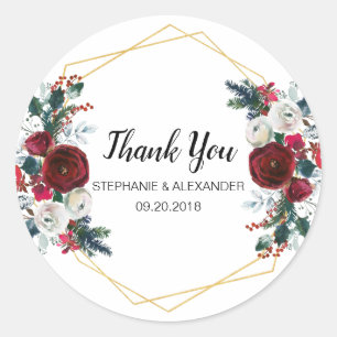 Geometric Gold Frame Burgundy Winter Flowers Classic Round Sticker